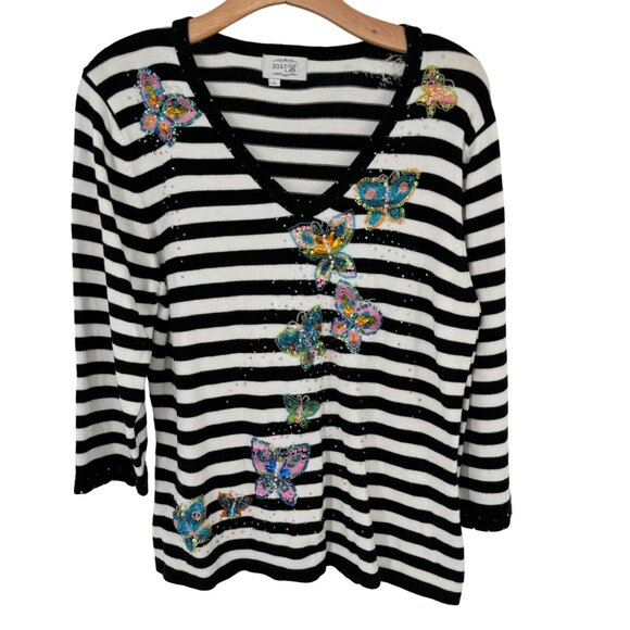 Just B Womens V-neck sweater Butterfly Embellished  Black  3/4 Sleeve size large - Picture 1 of 13